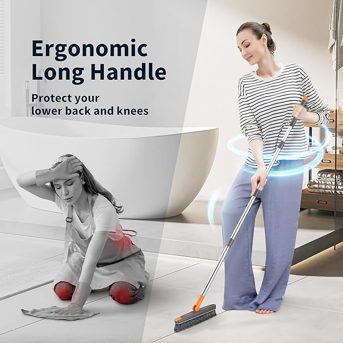 AIR U+ Grout Brush with Long Handle 180° Swivel Scrub Brush with Tweezers to Hair Clip V-Shape Grout Line Scrubber Stiff Bristles for Deep Cleaning Crevice, Tile Line, Shower, Kitchen, Corners