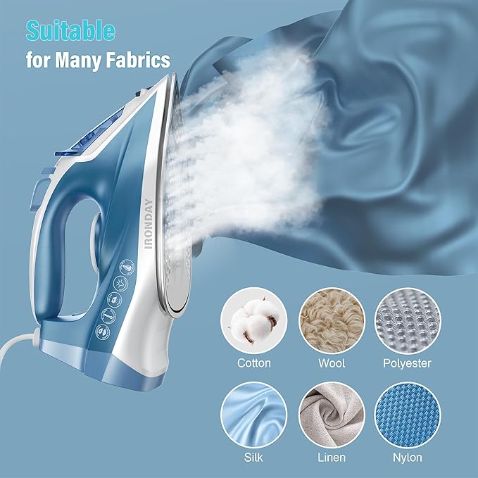 Steam Iron for Clothes Fast Heating, 1200W Iron with Non-Stick Ceramic Soleplate, Self-Cleaning, Burst of Steam, Spray Mist, 7.03oz Water Tank Ironing Clothes for Home, Blue