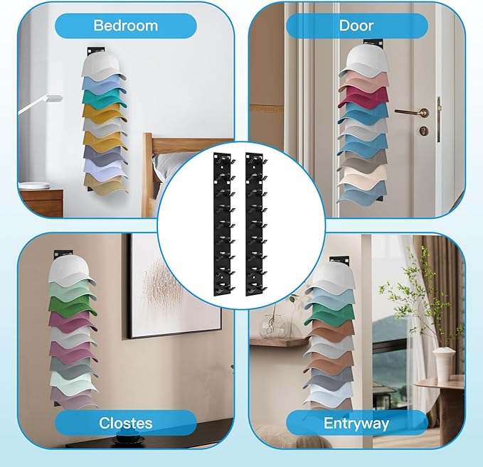 2 Pack Hat Organizer for Baseball Caps,Hat Rack for Wall with Strong Adhesive Hold up to 18 Hats，Over The Door Organizer for Closet Door and Bedroom (Black)