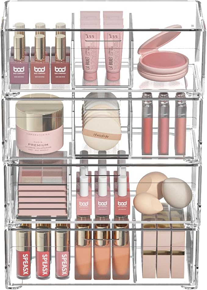 Stackable Storage Drawers Clear Plastic Storage Bins Bathroom Drawer Organizer Medicine Cabinet Organizer Makeup Organizers w Removable Divider Home Workspace Office Desktop Vanity Gift Idea 4Pack
