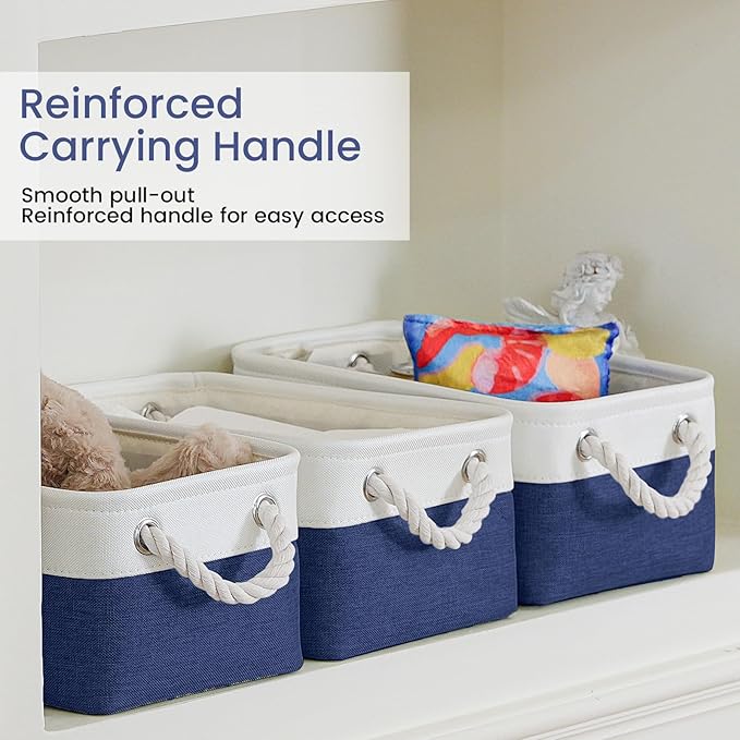 Storage Baskets for Shelves 11.8x7.9x5.2 Inch-Foldable Fabric Organizing Storage Bins with Handles, Closet & Bathroom Organizer, Home Storage for Kitchen, Office (1-Pack, White&Blue)