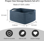 OIAHOMY Cotton Rope Woven Baskets for Storage, Nursery Rectangle Storage Basket with Handles for Shelves, Pack of 3, Blue