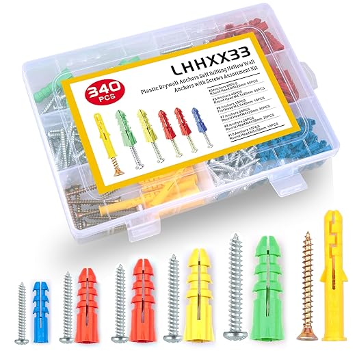 340-Piece Drywall Anchors and Screws Combo Pack - 170 Plastic Wall Anchors and 170 Screws - Assorted Sizes - Organizer Box Included - Wall Anchors and Screw for Drywall