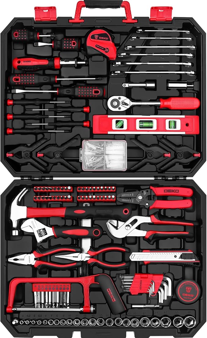 DEKOPRO Tool Set:228 Piece Home Tool Kit, Household Basic Repair Tool Set Comes with Plastic Storage Case, Socket Wrench Set for Car-Red