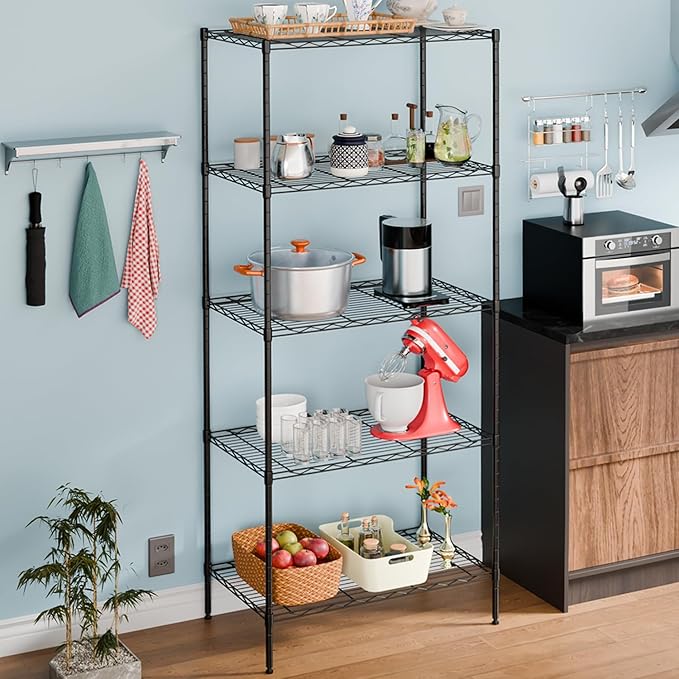 Large Wire Shelving Unit 5-Tier Metal Storage Shelves Heavy Duty Garage Shelving Adjustable Storage Shelf Rack with Leveling Feet for Home Kitchen Garage, 14" Dx23.8 Wx60 H, Black