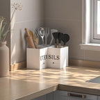 Suli Extra Large Kitchen Utensils Holder with 3 Compartments,Corner Utensil Caddy for countertop,Wooden Utensil Organizer for Kitchen Countertop, Farmhouse Decor- White