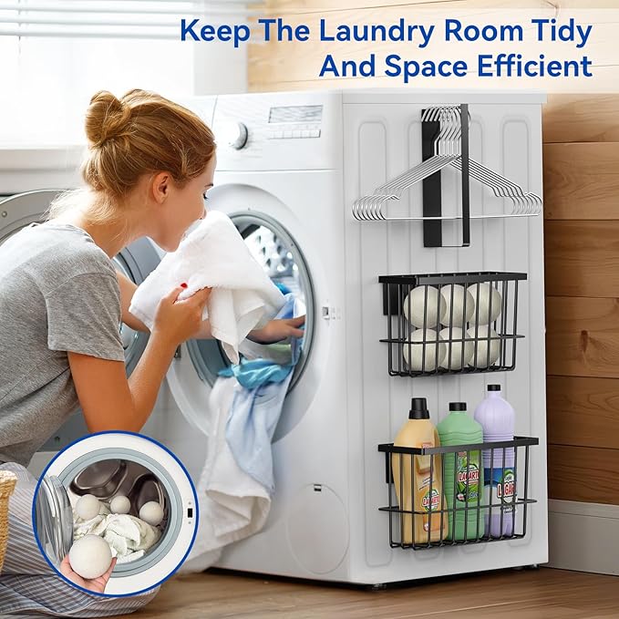Magnetic Dryer Ball Holder and Magnetic Hanger Holder for Laundry Room Organization and Storage, Magnetic Lint Bin for Laundry Room, Iron Basket Dryer Ball Container for Laundry Room Storage (Black)