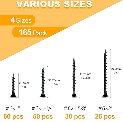 KURUI Drywall Screws Assortment Kit, #6 Black Wood Screws for Sheetrock,165pcs Picture Hanging Kit for Frame Painting Art Photo, Phillips Coarse Dry Wall Screw 4 Sizes 1",1-1/4",1-5/8",2"