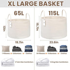JMvicyroam 115L Extra Large Blanket Basket for Living Room - Woven Cotton Rope Laundry Hamper with Reinforced Handles - Storage Bin for Pillows, Comforters & Toys - Machine Washable,White
