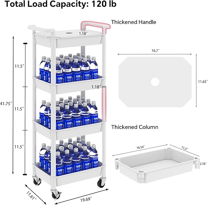 4 Tier Rolling Cart with Handle, Utility Cart with Table Top Easy Assembly Bathroom Storage Cart on Wheels for Office, Living Room, Kitchen, Craft Room, White
