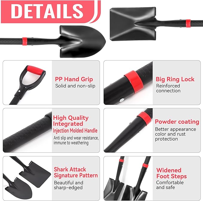 SHARK ATTACK 2 Pack 28 Inch Mini Shovel with D-Grip Handle - Kids Shovel Steel Construction with Powder Coating, Compact Digging Tool for Gardening, Camping & Car Emergency