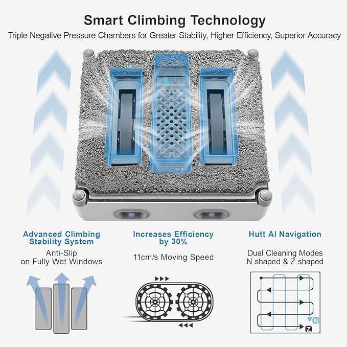 Auto Window Cleaning Robot W9 with 4 Water Spray, Upgraded 3 Pressure Compartments, 3800Pa Suction Power, Anti-Falling and Edge Detection Sensors, for High-Rise Windows, Tiles and Glass