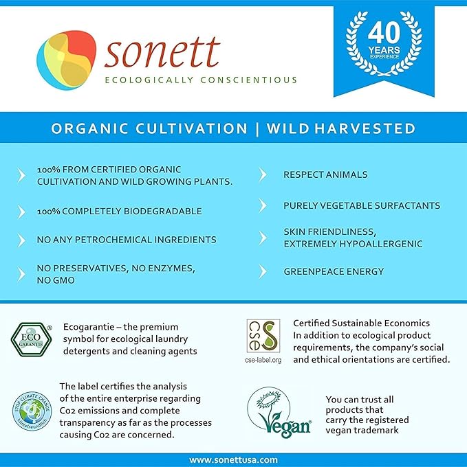 Sonett Organic Laundry Rinse *Free from essential oils & neutral scent -For all types of textiles -Refreshes colors, smooths fibers & softens the laundry(34 fl.oz./1L)