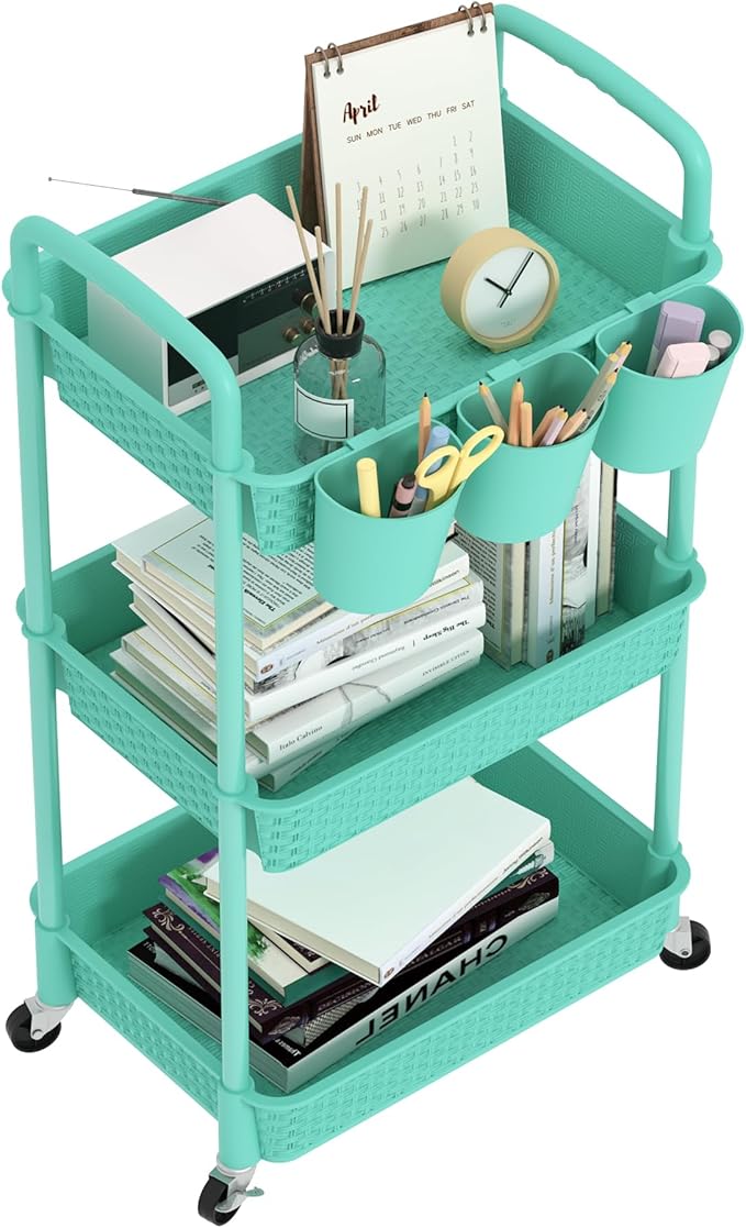 MOYIPIN 3-Tier Plastic Rolling Utility Cart with Handle,Utility Storage Cart for Office, Living Room, Kitchen,Movable Storage Organizer Shelves,Turquoise with 3 Hanging Cups