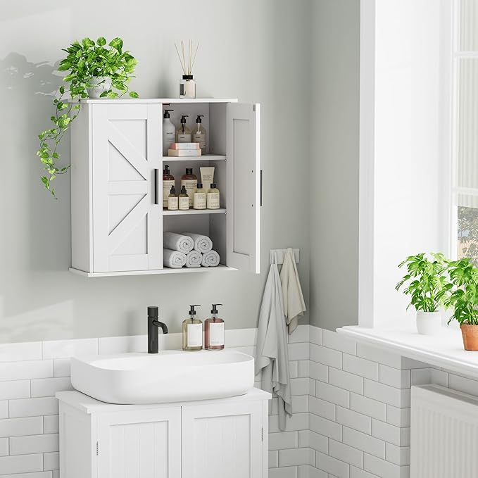 Bathroom Wall Cabinet, Over Toilet Storage Cabinet with Barn Doors and Adjustable Shelves, 3-Tier Medicine Cabinet Wall Mounted, for Bathroom, Kitchen, Entryway, Laundry Room, White, (7.9" D)