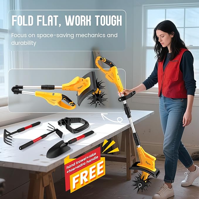 Cordless Tiller Cultivator Compatible with DEWALT 20V MAX Battery(Tool Only), Folding Electric Rototiller for Garden with 40 Steel Tines 310RPM, 9.1In Tilling Width and 6.3In Depth