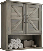 Bathroom Wall Cabinet with Barn Doors, Wall Mounted Bathroom Storage Cabinet, Farmhouse Style, Adjustable Shelf, Wall Mounted, Grey