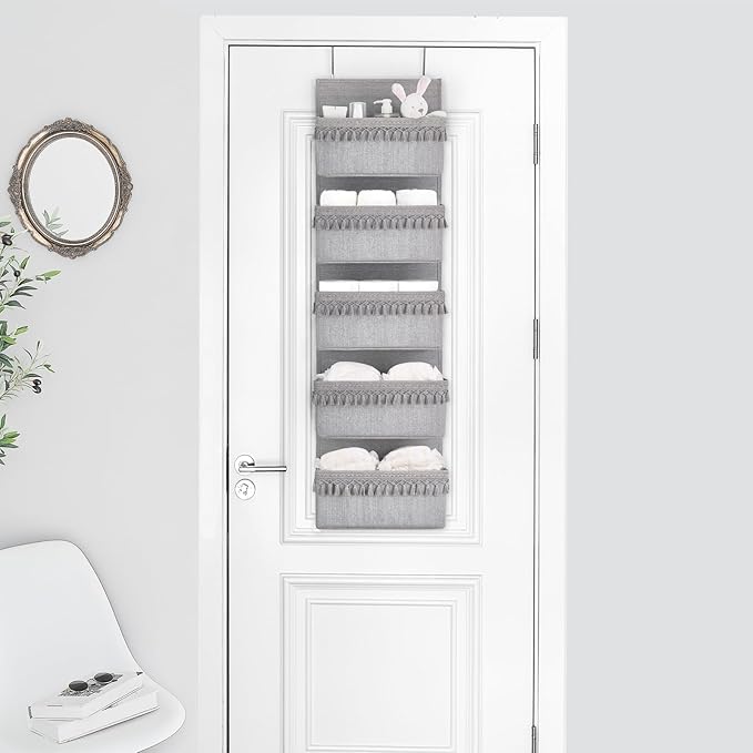 Dahey Over The Door Organizer Boho Nursery Storage Decor Closet Hanging Organizer with Tassels Decoration for Bedroom Nursery Bathroom Apartments Dorm Pantry, 5 Pockets, Grey