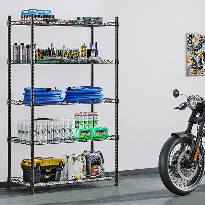 5 Shelf Organizer Storage Rack Adjustable Metal Shelf for Garage Kitchen Bathroom Heavy Duty Shelves Units with Non-Slip Foot Mats Black 29.53” L x 13.78” W x 62.17” H (Black, 5 Shelf with Foot Mats)