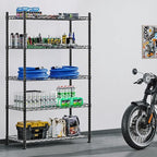5 Shelf Organizer Storage Rack Adjustable Metal Shelf for Garage Kitchen Bathroom Heavy Duty Shelves Units with Non-Slip Foot Mats Black 29.53” L x 13.78” W x 62.17” H (Black, 5 Shelf with Foot Mats)