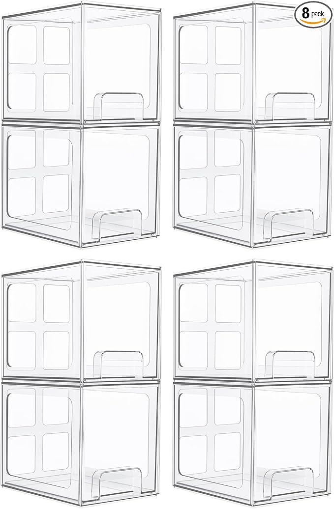 Vtopmart 8 Pack Stackable Under Sink Organizer Drawers, Clear Acrylic Storage Bins for Kitchen and Bathroom Cabinets, Baby Bottles, Cleaning Supplies, 6.6'' Tall Space-Saving Drawer System