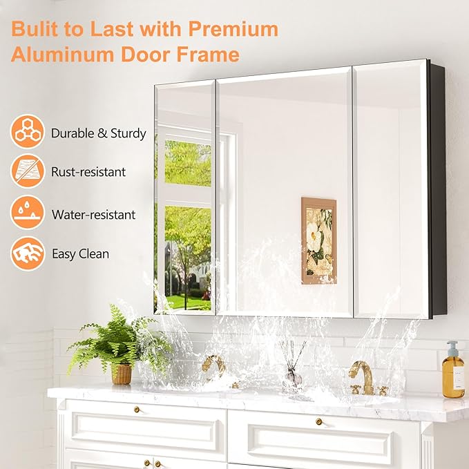 36x30 Inch Medicine Cabinet with Mirror, Aluminum Bathroom Mirror Cabinet, Beveled Edge Mirrored Triple Door, Adjustable Shelves, Surface or Recessed Mount Mirrors with Storage,Black