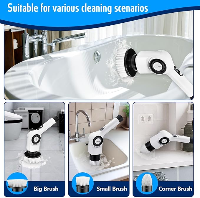 Electric Spin Scrubber,Cordless Cleaning Brush with 8 Replaceable Brush Heads,360°Power Scrubber for Tub and Floor Tile,with 3 Adjustable Speed & Rotatable & Detachable Handle for Bathroom Kitchen Car