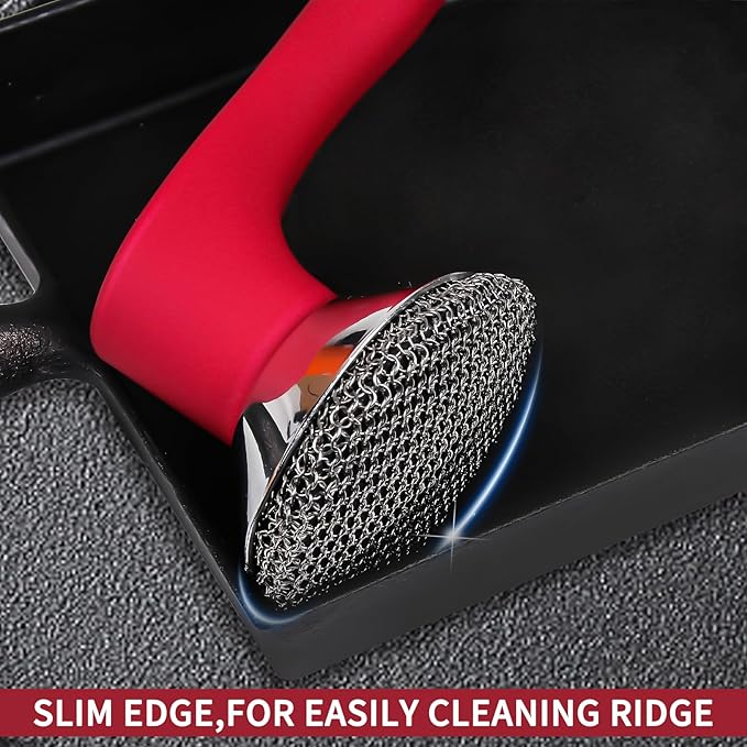 Cast Iron Cleaner Scrubber with Long Handle - Welded Fine Chain Mail Cast Iron Scrubber Brush-Chainmail Sponge Scrub Cleaning Tool to Clean Skillets, Pan,Griddle, Wok, Dutch Oven