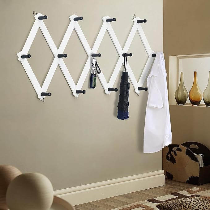 Dseap Accordian Wall Hanger: 16” High Wooden Wall Expandable Coat Rack, Hat Rack Holder, Accordion Hook for Baseball Caps, Coats, Mugs, 13 Peg Hooks, White & Black
