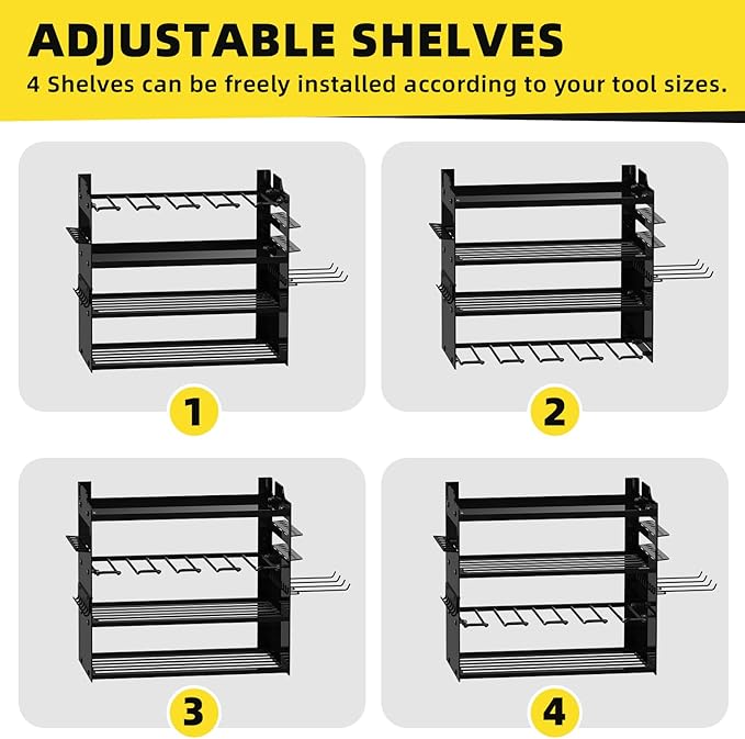 Power Tool Organizer Wall Mount with 4-Drill Holders-400Lbs Load Heavy Duty Metal 4-Layers Garage Storage & Organization Battery Tools Rack with Side Panels Utility Racks Workshop Gifts for Men
