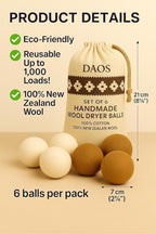 Wool Dryer Balls with Storage Bag – Pack of 6 (3 White + 3 Brown) – 100% New Zealand Wool
