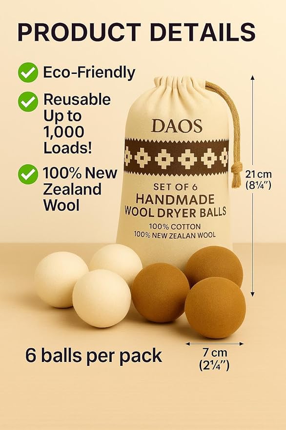 Wool Dryer Balls with Storage Bag – Pack of 6 (3 White + 3 Brown) – 100% New Zealand Wool