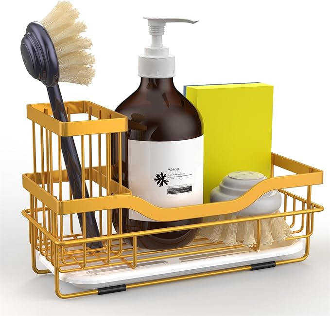 Vanwood Sponge Holder for Kitchen Sink Caddy Organizer With Brush Holder & Drain Tray, Rustproof Dish Soap Caddy for Counter - Storage & Home Accessories