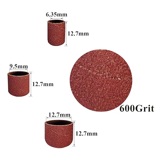 Asieg Tool Sanding Drum Kit 142Pcs 600Grit, 1/2" & 3/8" & 1/4" Diameter Drum Sanding Band with 3.17mm Shank Mandrels for Drill Dremel Rotary Tools Nails Drill