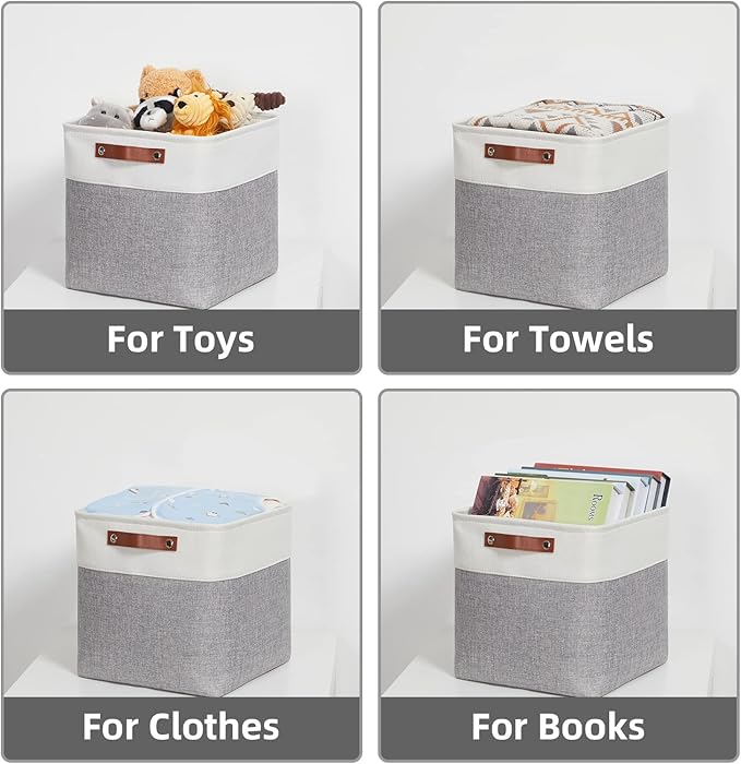 HNZIGE Storage Basket(4 Pack) Fabric Baskets for Organizing Clothes Closet,Towels,Cube Storage Bins,12x12 Storage Cube basket with Handles for Shelves,Toys,Blankets,Office,Room Storage(White&Grey)