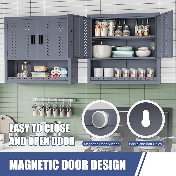 Metal Garage Storage Cabinet Industrial Style Wall Garage Cabinets with 2 Doors Open Storage and Adjustable Shelf Wall Mounted Steel Hanging Cabinet for Warehouse Kitchen Laundry - Assembly Required