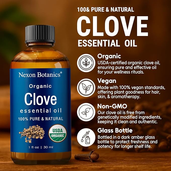 Organic Clove Essential Oil 30 ml - Pure, Natural, Undiluted for Toothache, Sore Muscles, Skin & Hair Care - Soothing Clove Bud Essential Oil - Nexon Botanics
