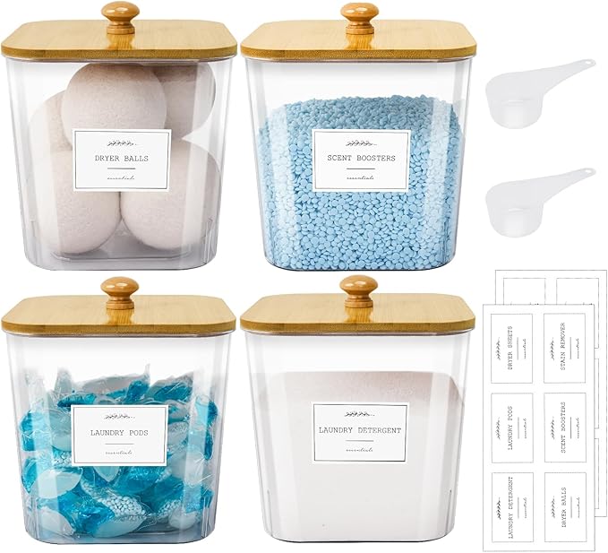 4 Pack Laundry Pods Containers & Plastic Powder Detergent Holder Set, Laundry Room Organization and Storage, Clear Organizer Jars with Lids, Scoops & Labels for Scent Beads, Dryer Balls, Lint