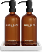 Amber Glass Hand and Dish Soap Dispenser Set by Brighter Barns - Kitchen Soap Dispenser Set with Tray for Kitchen, Airbnb, Vacation Rental or Restaurant - Modern Kitchen Decor & Accessories (Amber)