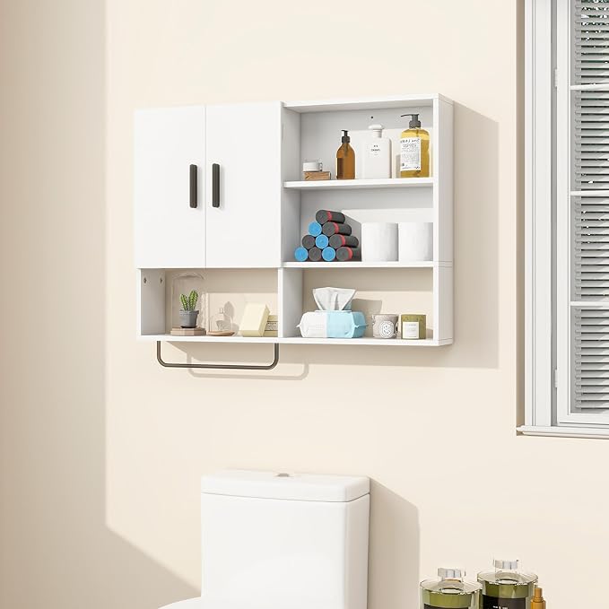 Wooden Bathroom Organizers, Over The Toilet Storage Cabinet with 2 Doors, Adjustable Shelves & Towel Bar, Wall Mounted Medicine Cabinet for Kitchen & Laundry, White