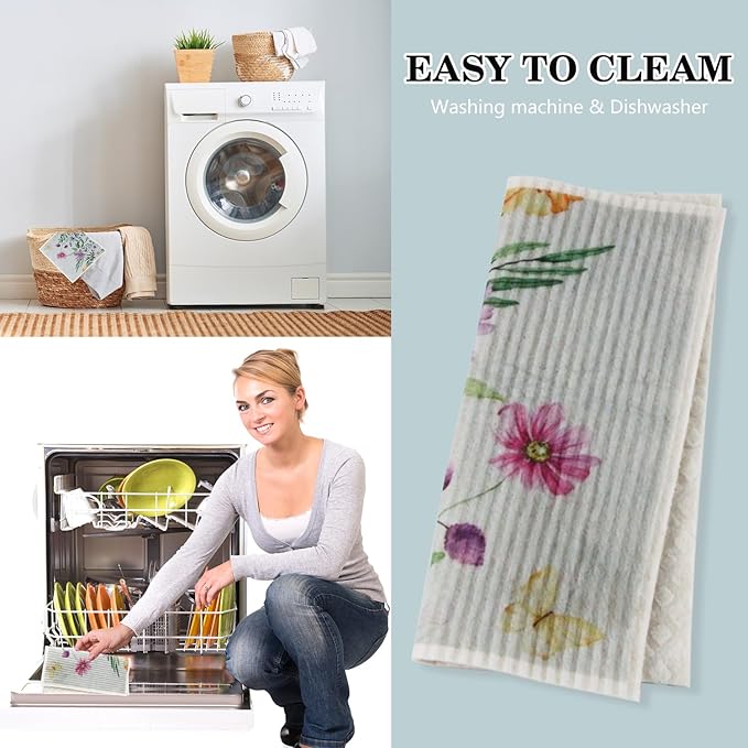 Swedish Kitchen Dish Cloths - 6 Pack Reusable Paper Towels for Counters & Dishes - Eco Friendly Cellulose Sponge Cloth - Assorted (Flower)