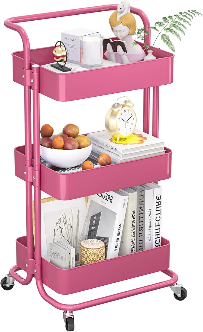 3-Tier Metal Rolling Cart with Wheels, Hot Pink Utility Storage Cart, Multifunctional Organizer Storage for Kitchen, Bedroom, Office, Laundry Room, Dorm Room Essentials (Rose red)