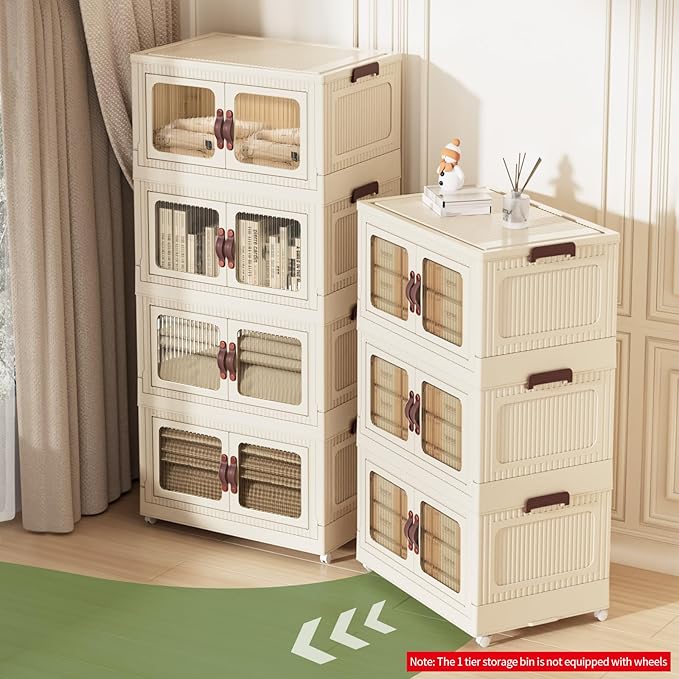 Stackable Storage Bins, Folding Storage Bins with Lids and Doors, Open Front Folding Storage Box with Wheels Plastic Storage Containers (4 Tier (Side Windows Not Visible), 55 Qt)