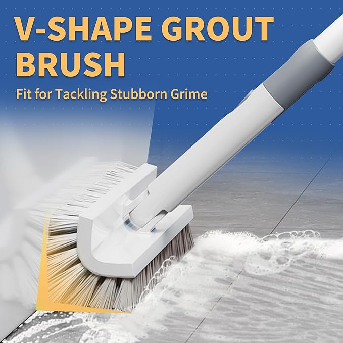 BOOMJOY Grout Brush with Long Handle, 57" Grout Cleaner for Tile Floors, Double-Sided with V-Shape Stiff Bristles for Bathroom, Patio, Kitchen, Wall, Corners and Deck