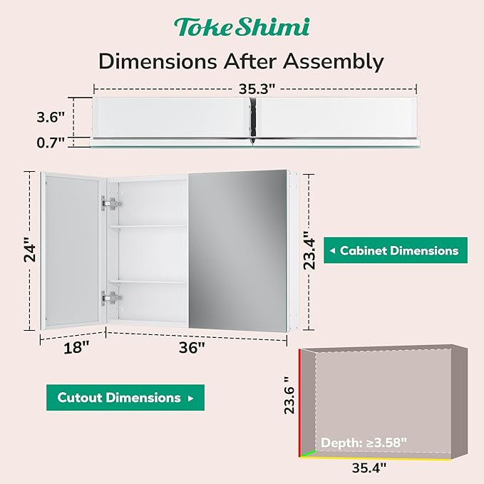 TokeShimi 36x24 Medicine Cabinet Mirror with Storage Tempered, Aluminum Surface Mount or Recessed Medicine Cabinet White with Adjustable Shelves for Bathroom Wall Cabinet Farmhouse