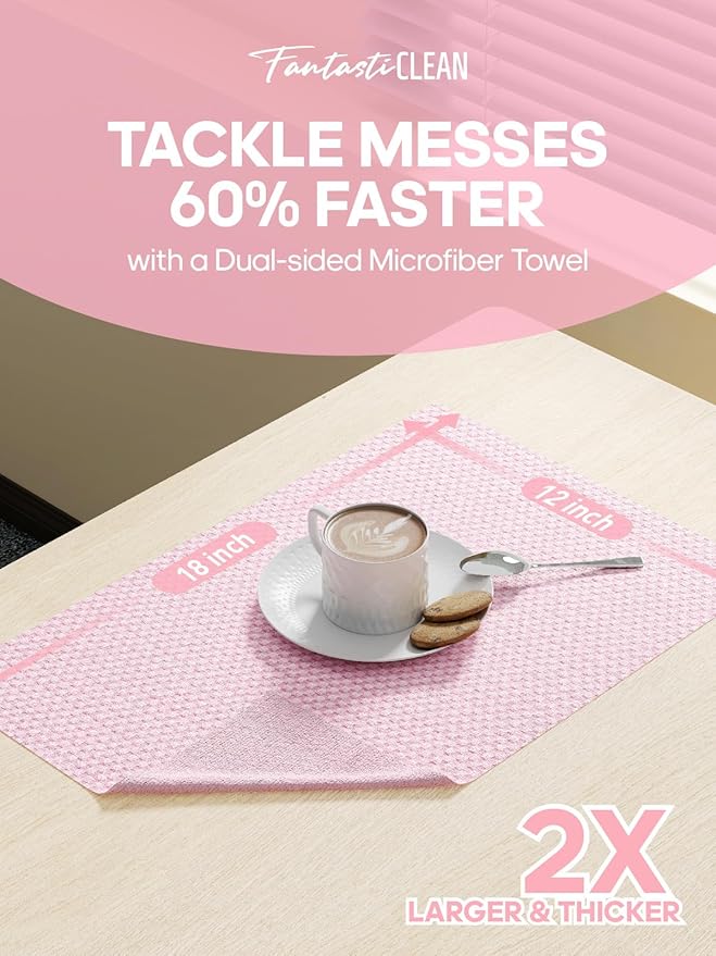 Fantasticlean Large Tear-Away Microfiber Cleaning Cloth Roll - 18'' by 12'', 36 Sheets, Thick Dish Cloths, Super Absorbent Reusable Kitchen Towels (Pink)