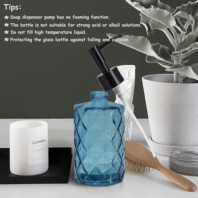 Blue Glass Soap Dispenser with Black Plastic Pump, 12oz Refillable Liquid Hand Soap Dispenser, 2 Pack Crystal Lotion Bottle for Modern Home Decor, Bathroom, Kitchen Countertop, Hotel
