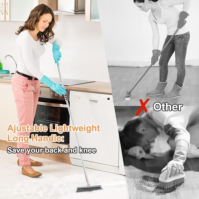 Grout Brush with Long Handle, 2 in 1 V-Shaped Floor Scrub Brush for Cleaning, Bathroom, Garage, Wall, Patio, and Tile, Stiff Bristle Brush with 54'' Telescopic Handle