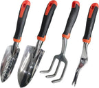 Garden Tools Set, 4 Piece Aluminum Hand Tool Kit with Ergonomic Handle, Heavy Duty Gardening Tools Include Hand Trowel, Transplant Trowel, Hand Rake and Weeder (Orange)