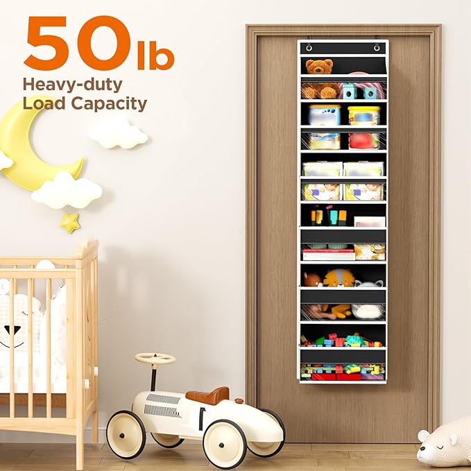 Over The Door Organizer, 6 Shelf Door Hanging Organizers with 6 Large Capacity Pockets, Behind Door Storage Hanging Shelves for Closet Wall Bathroom Bedroom Nursery